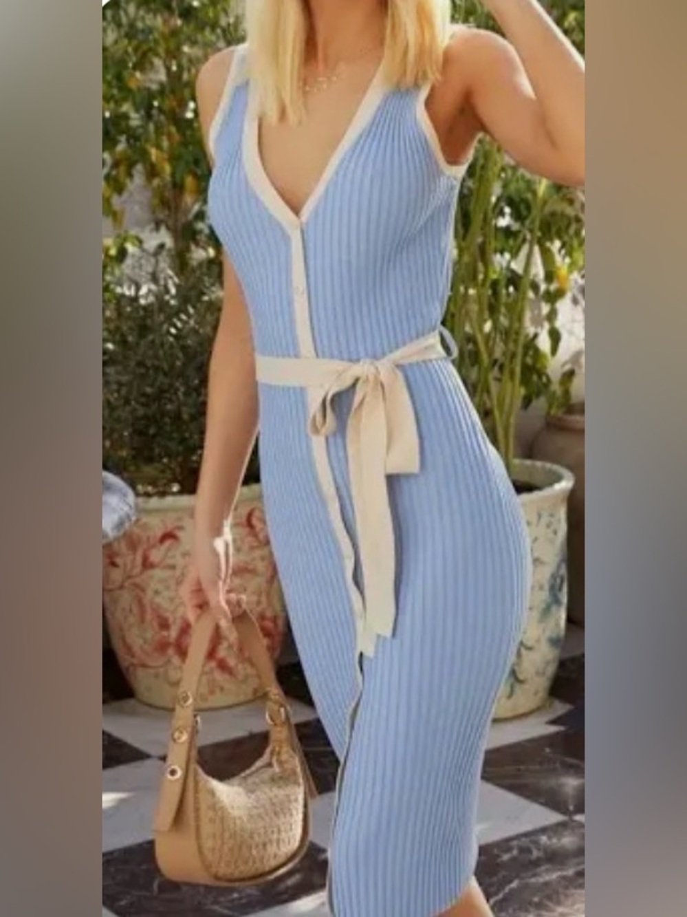 Flying Tomato Light Blue Ribbed Midi Jumpsuit with Cream Trim